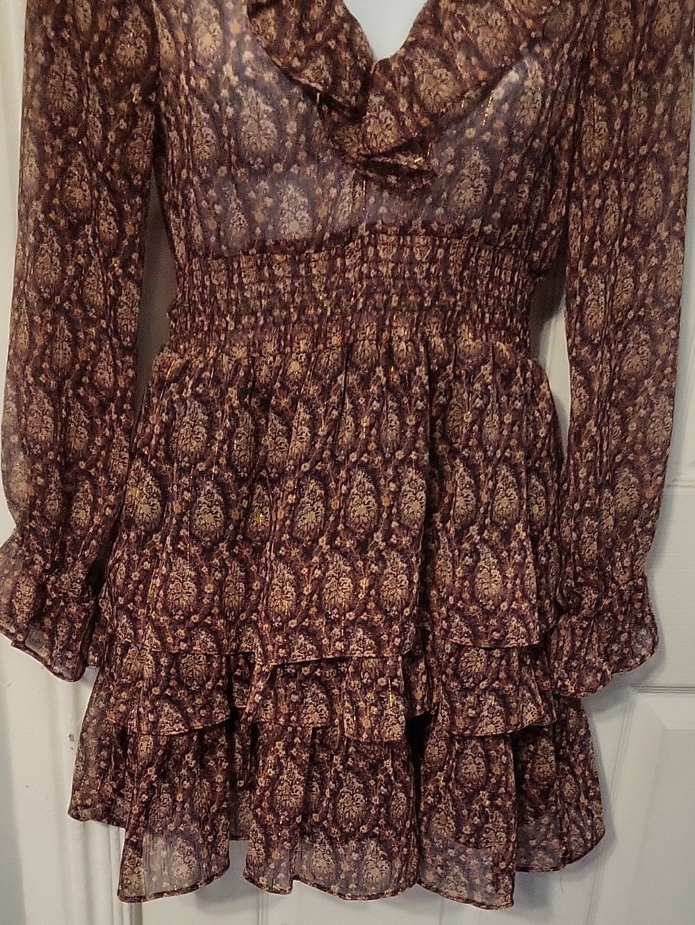 Zara Smocked Waist Ruffle-Tiered Long-Sleeve Dress in Brown Paisley - Picture 4 of 11